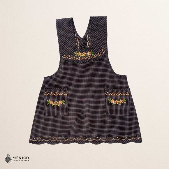 Brown Mexican Embroidered Apron – Essential Cotton Kitchen Apron Floral Design - Picture 4 of 9